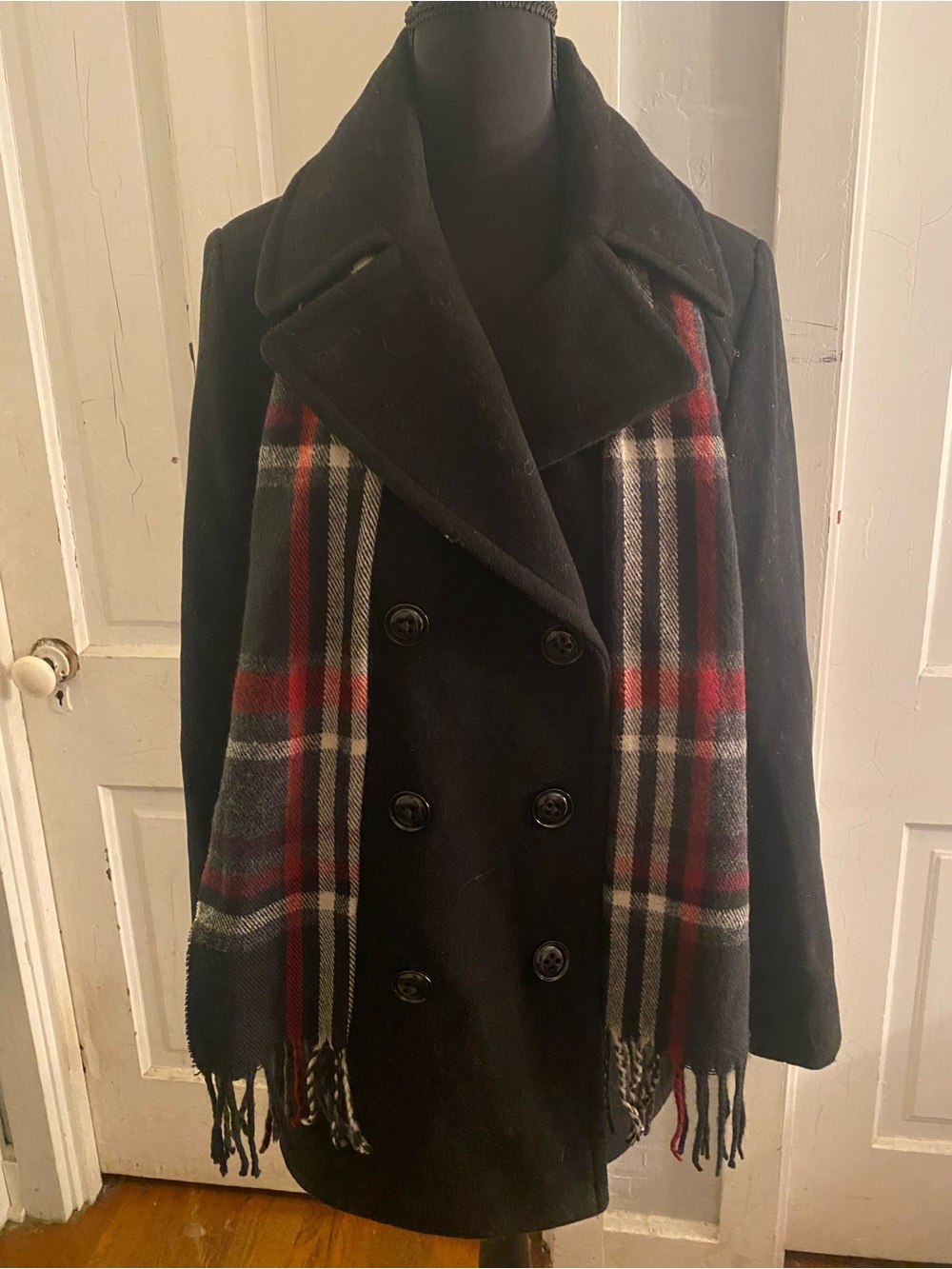 London Fog Black Double-Breasted Wool Peacoat with Red Plaid Scarf